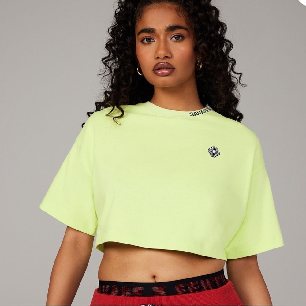 Savage‎ Fenty Xssential Heavy Jersey Back Page Cropped Tee Honeydew Green NWT